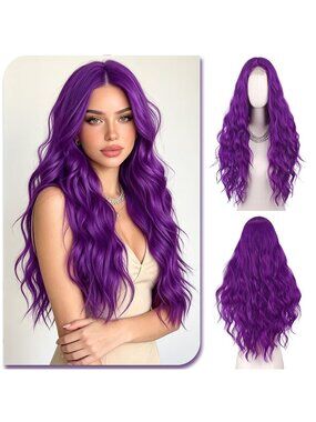Women's Dark Purple Long Wavy Wig 28 Inch Middle Part Heat Resistant Synthetic